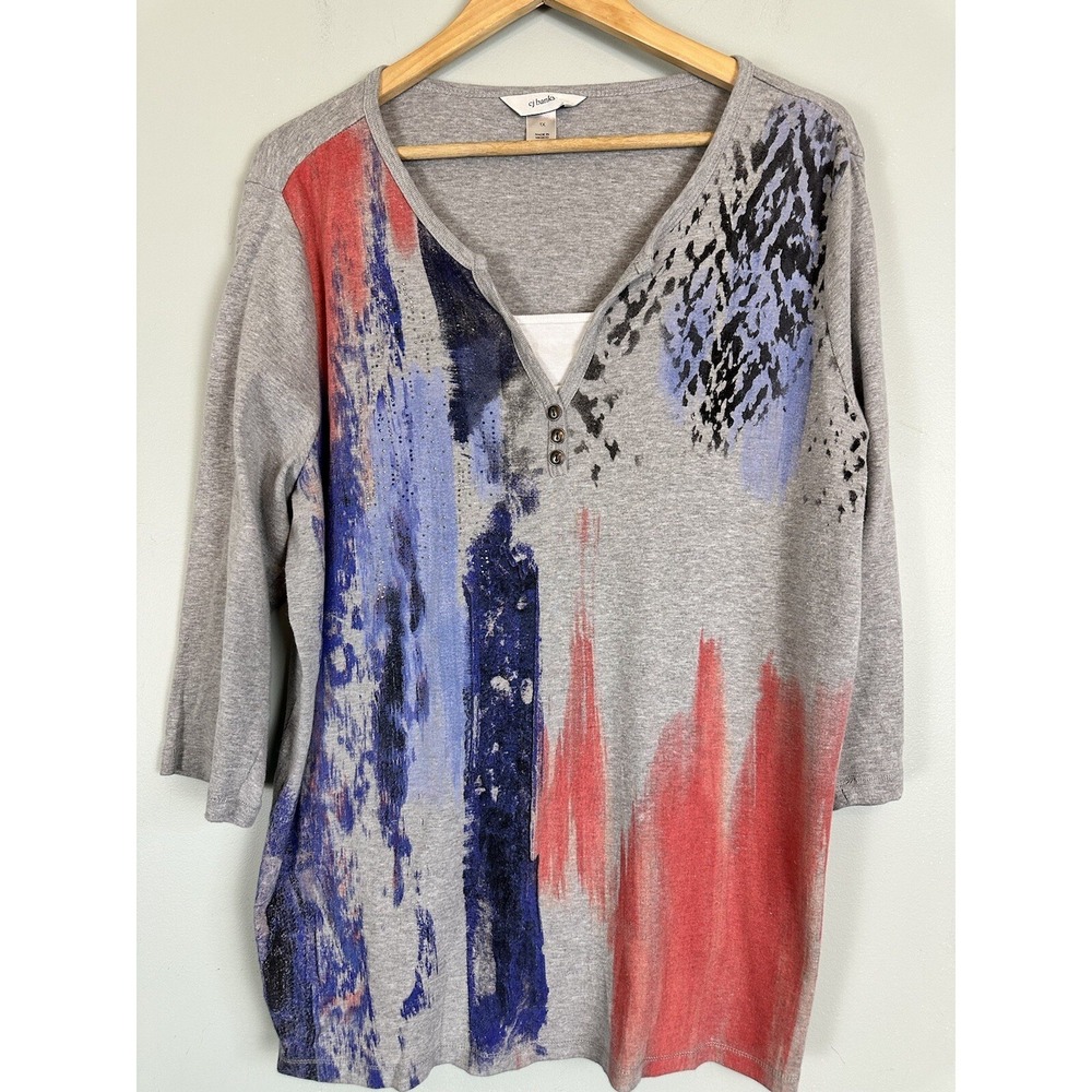 CJ Banks Plus Size 3/4 Sleeve Abstract Print Studded Rhinestone Top Size 1X